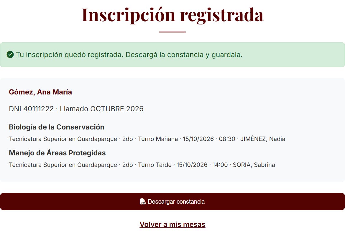 Pantalla Inscripción registrada con el cartel verde, los datos del alumno, las mesas elegidas y el botón Descargar constancia.