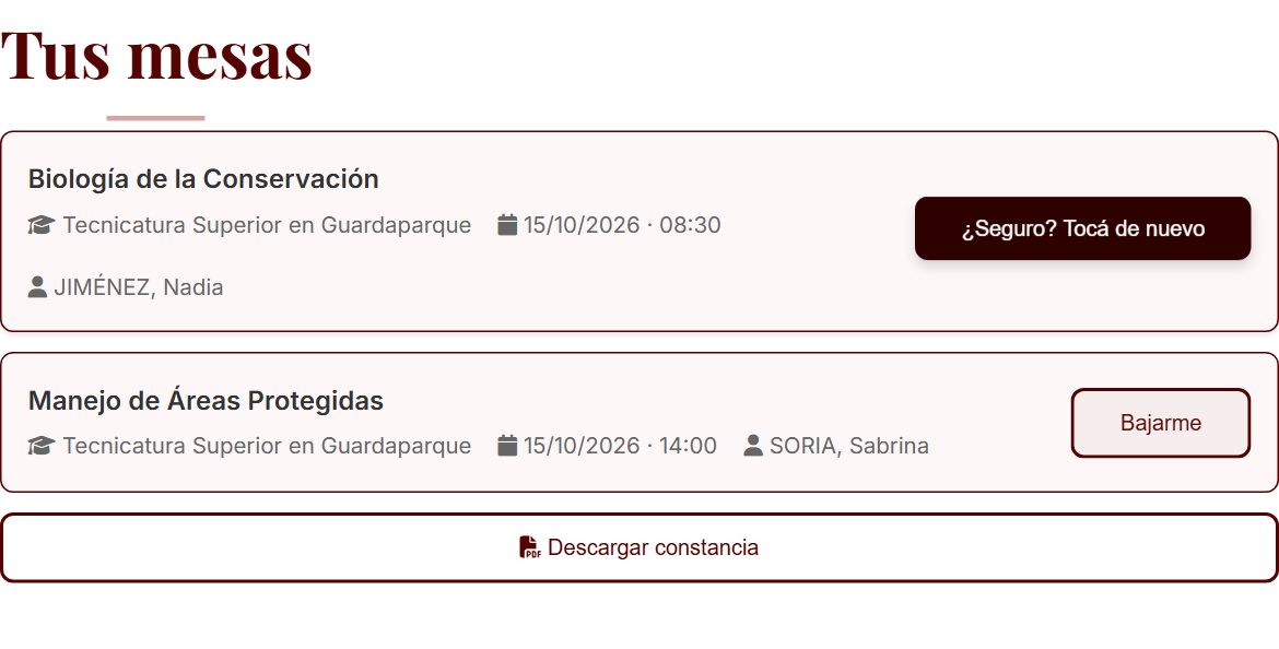 Sección Tus mesas con dos mesas; en la primera el botón dice Seguro, tocá de nuevo, en la segunda Bajarme. Abajo, Descargar constancia.